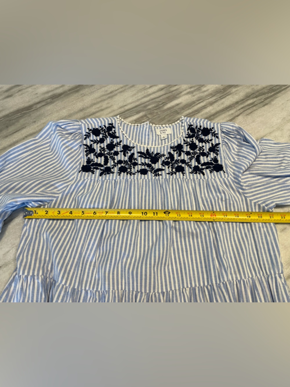Blue & White Striped Tiered Dress with Navy Embroidery - Picture 5 of 7